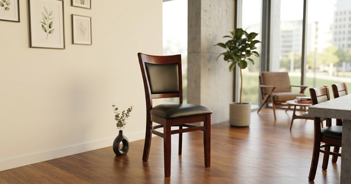 H&D Seating Sloan upholstered dining chair with tufted back and wood legs A close-up view of the Sloan dining chair showing its upholstered seat and back cushion, button or channel tufting detail, and tapered wood legs - ideal for showcasing fabric texture and stitching.