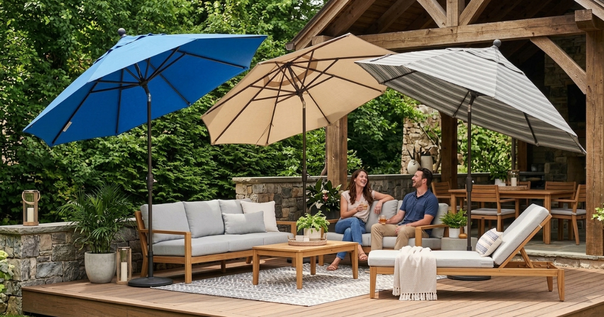 Outdoor Umbrella Fabric Comparison – Polyester, Solution-Dyed, and Sunbrella-Type Canopies Three outdoor umbrellas in blue, tan, and gray-striped fabrics shading a wooden deck with lounge seating, illustrating different canopy materials including polyester, solution-dyed, and Sunbrella-type options.