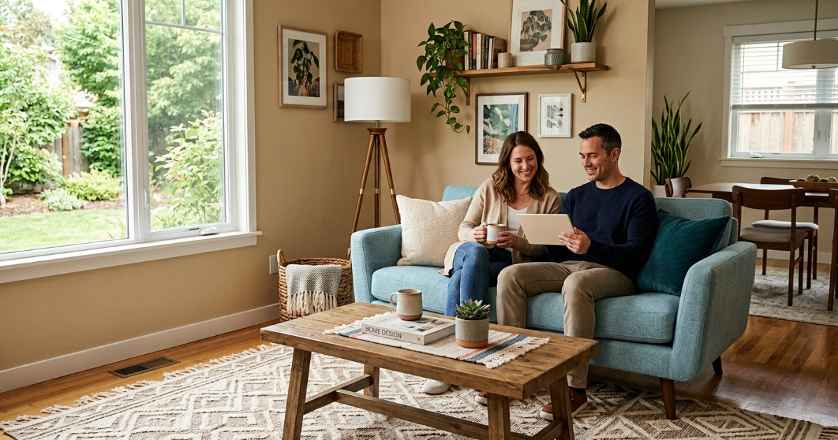 Couple Relaxing on a Loveseat in a Small, Styled Living Room A couple sits together on a compact loveseat in a cozy, well-organized small living room — an example of feature-loveseat layout done right.