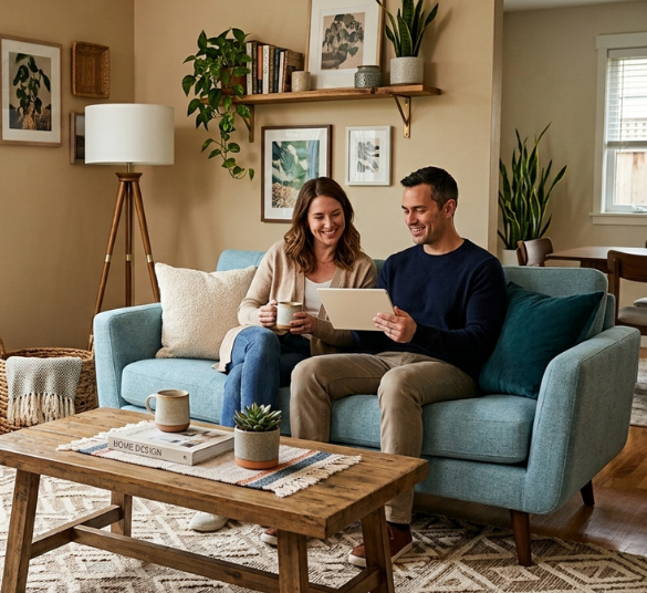 Couple Relaxing on a Loveseat in a Small, Styled Living Room A couple sits together on a compact loveseat in a cozy, well-organized small living room - an example of feature-loveseat layout done right.
