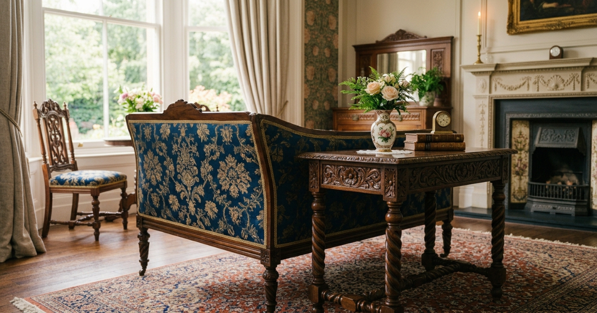 A Victorian-Style Side Table in a classic victorian themed living room and a pair sofa.