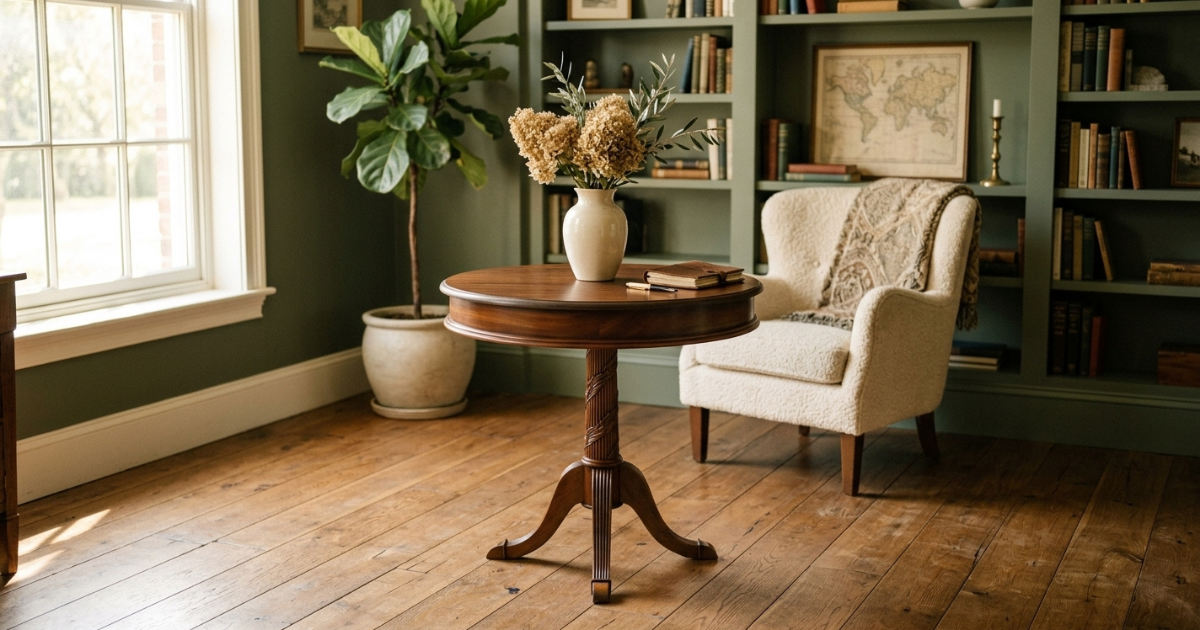 Anderson Teak Victorian Pedestal Side Table – Round Wood Top with Carved Tripod Base Anderson Teak Victorian Pedestal Side Table featuring a round wood tabletop, ornately carved center pedestal, and a reeded tripod base, styled in a cozy living room beside a cream armchair and potted plant.