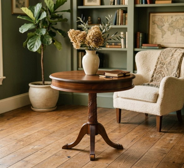 Anderson Teak Victorian Pedestal Side Table – Round Wood Top with Carved Tripod Base Anderson Teak Victorian Pedestal Side Table featuring a round wood tabletop, ornately carved center pedestal, and a reeded tripod base, styled in a cozy living room beside a cream armchair and potted plant.